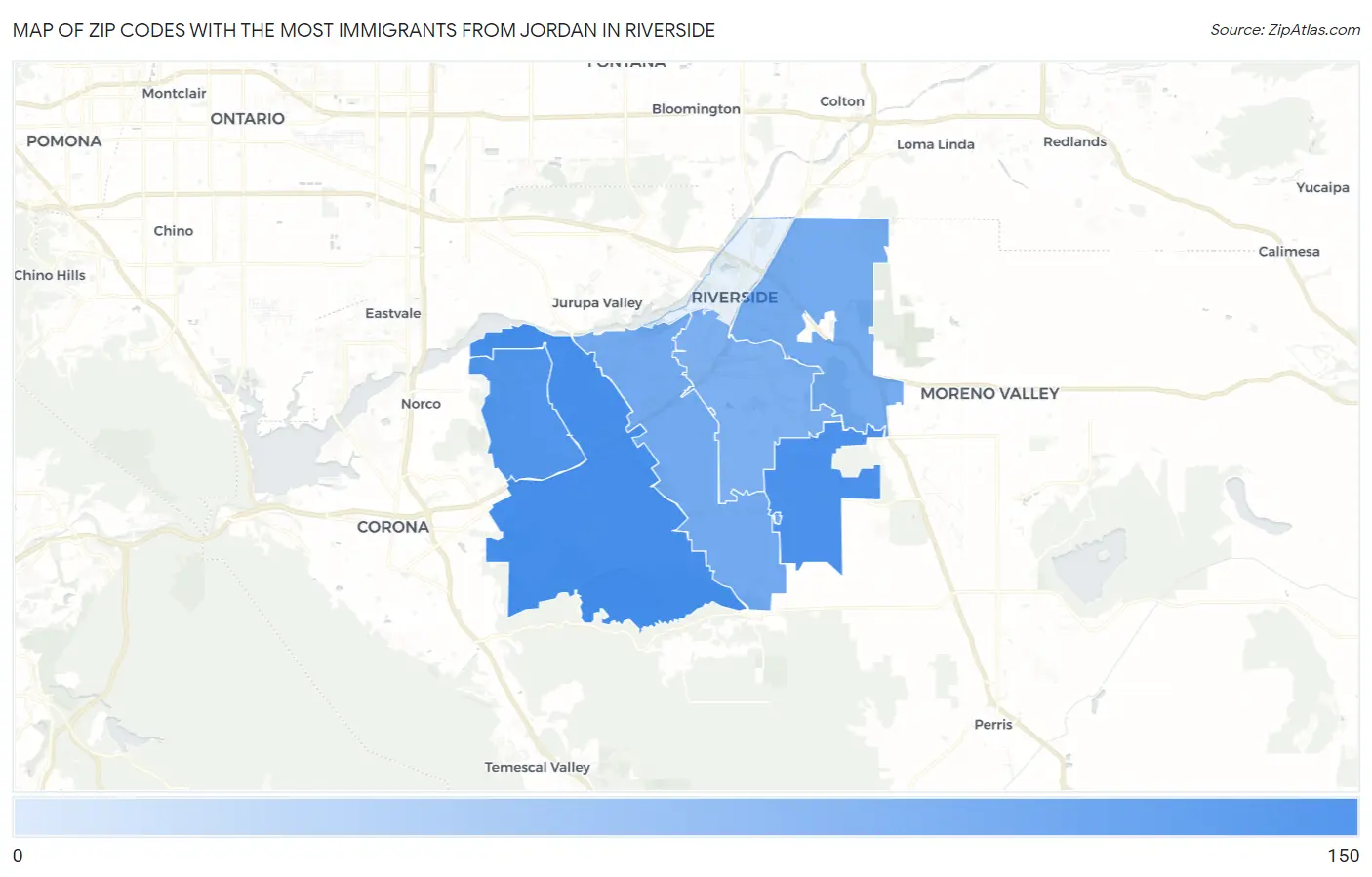 Zip Codes with the Most Immigrants from Jordan in Riverside Map