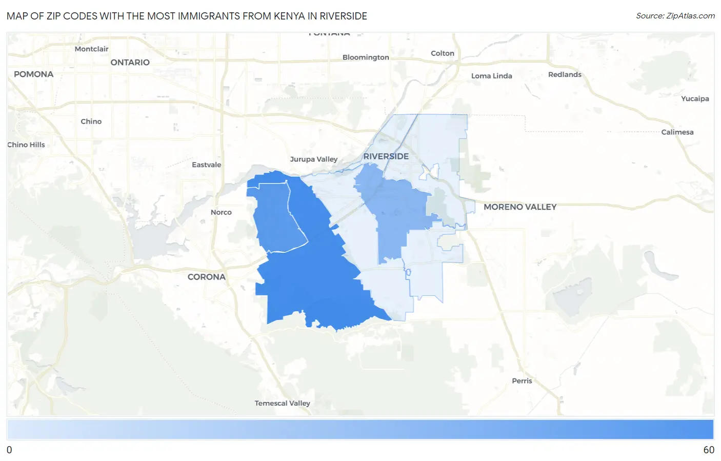 Zip Codes with the Most Immigrants from Kenya in Riverside Map