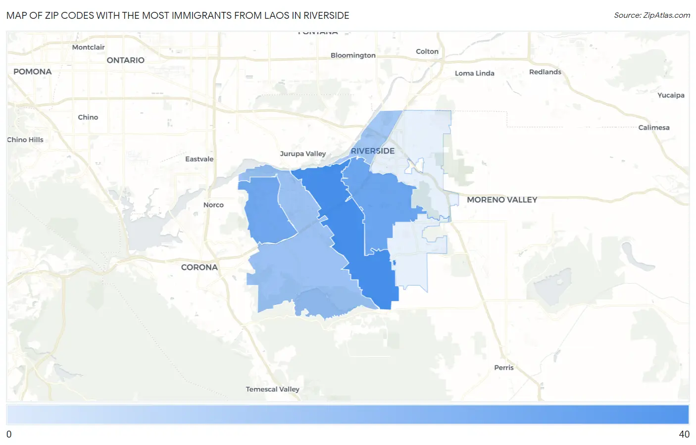 Zip Codes with the Most Immigrants from Laos in Riverside Map