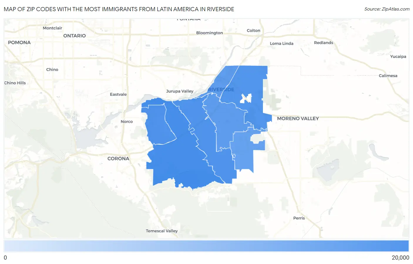 Zip Codes with the Most Immigrants from Latin America in Riverside Map