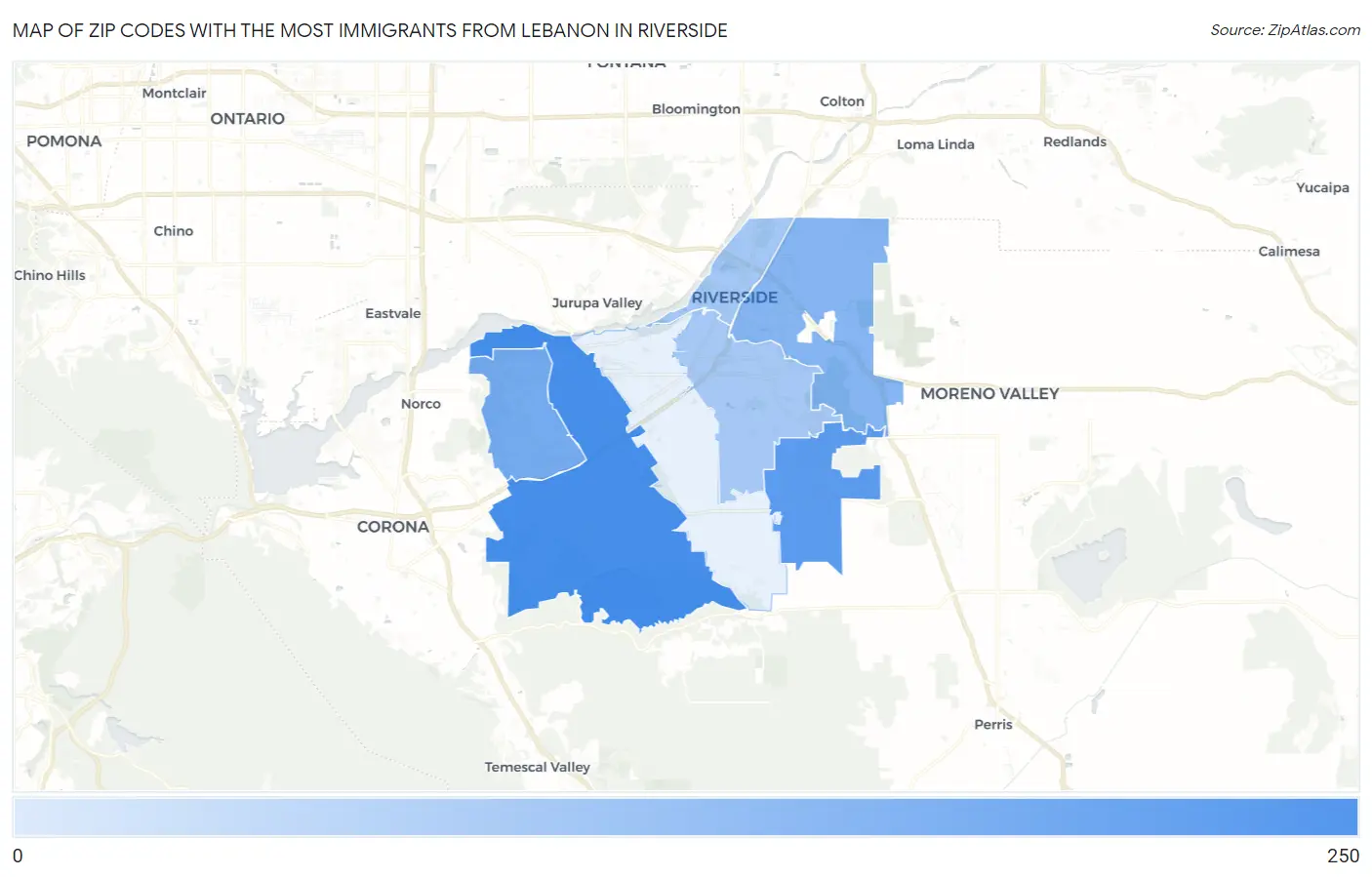 Zip Codes with the Most Immigrants from Lebanon in Riverside Map