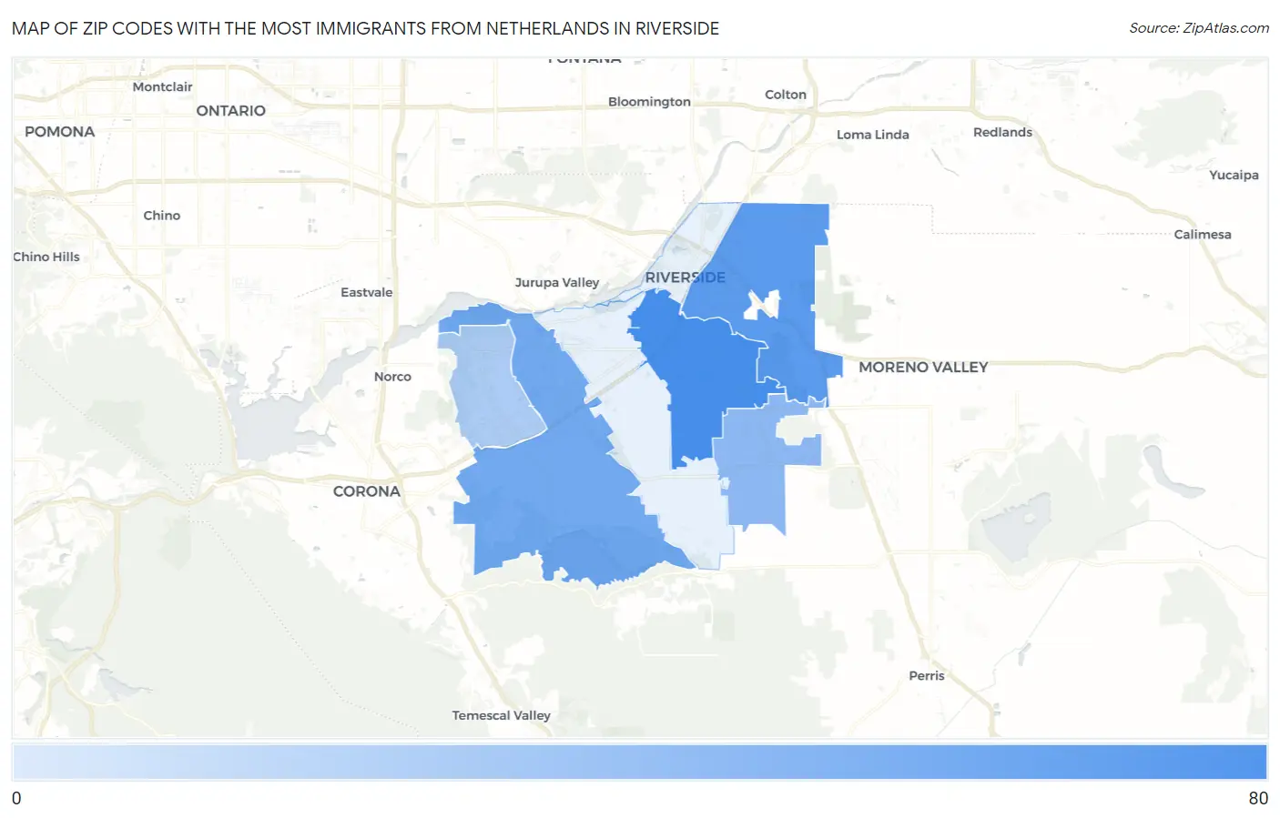Zip Codes with the Most Immigrants from Netherlands in Riverside Map