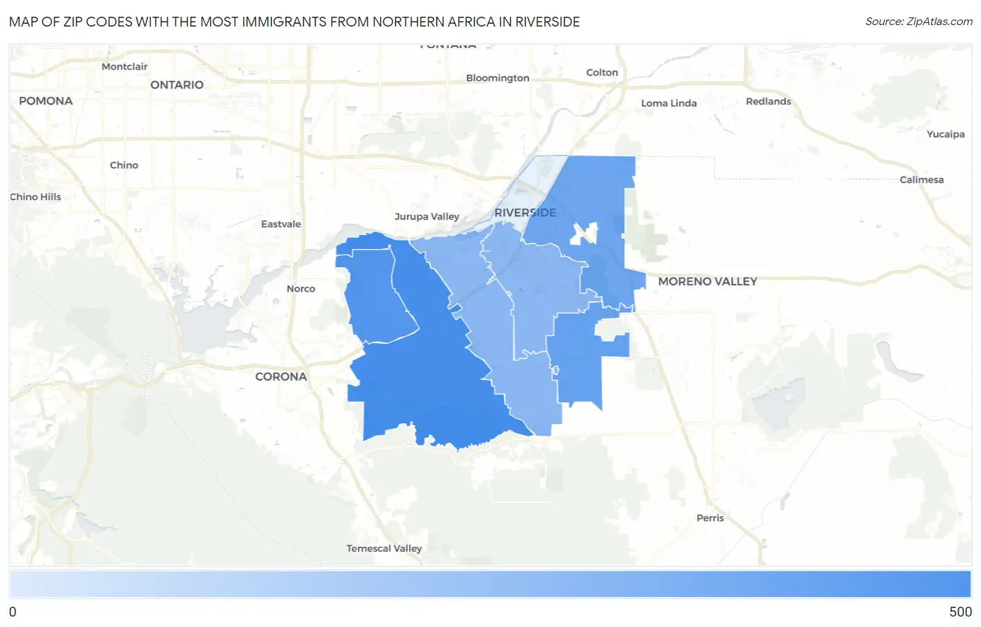 Zip Codes with the Most Immigrants from Northern Africa in Riverside Map