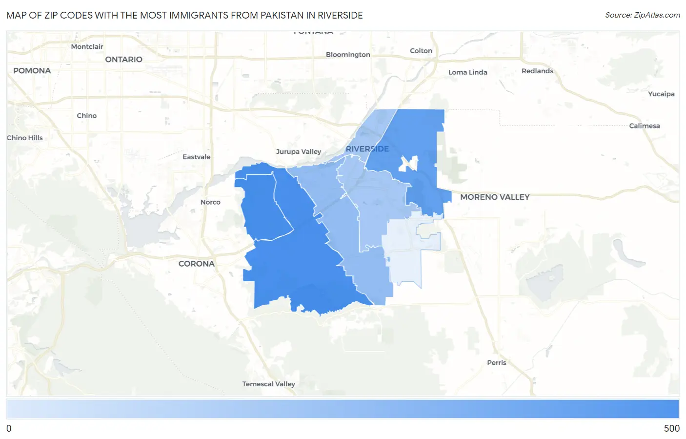 Zip Codes with the Most Immigrants from Pakistan in Riverside Map