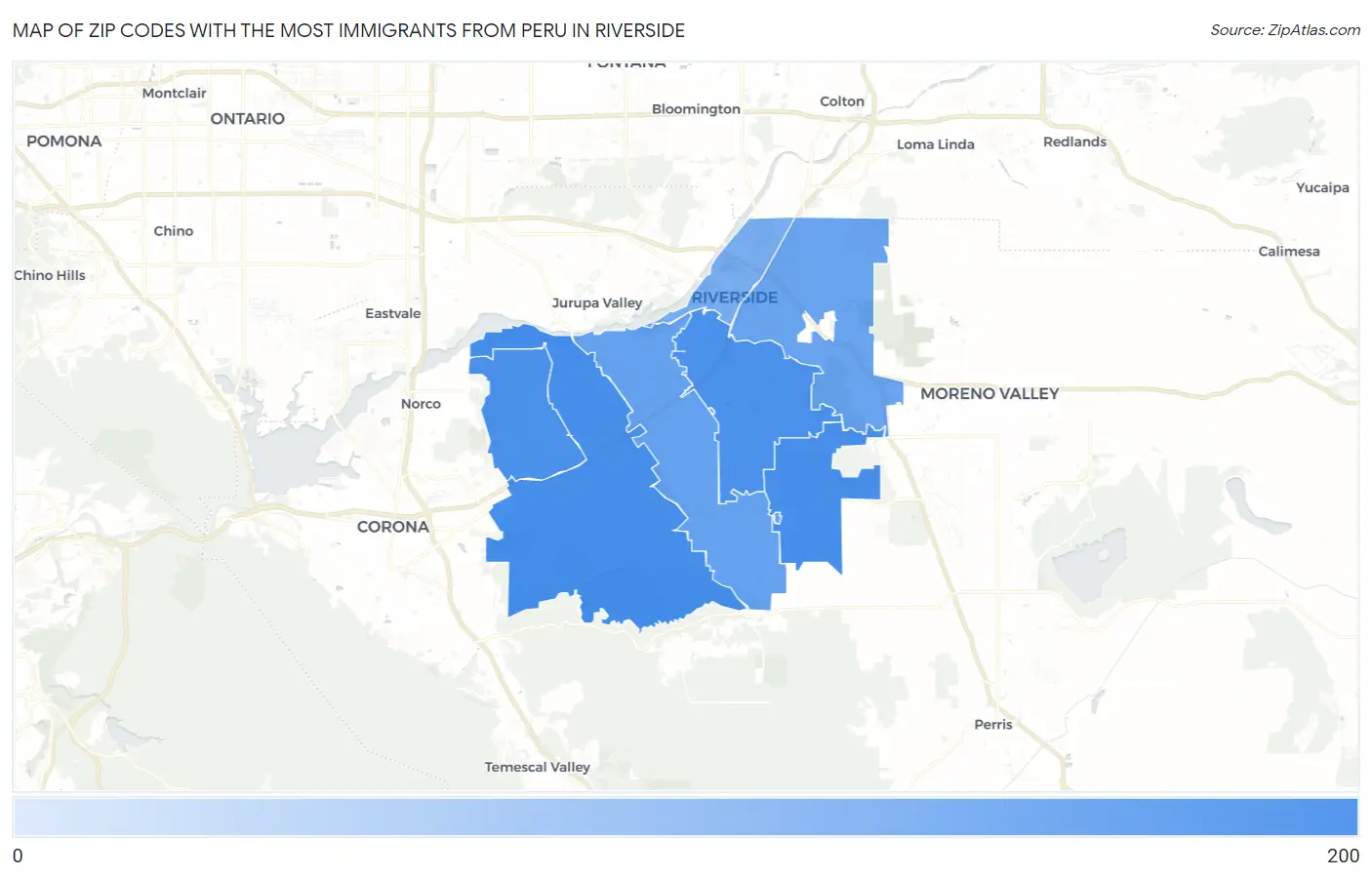 Zip Codes with the Most Immigrants from Peru in Riverside Map