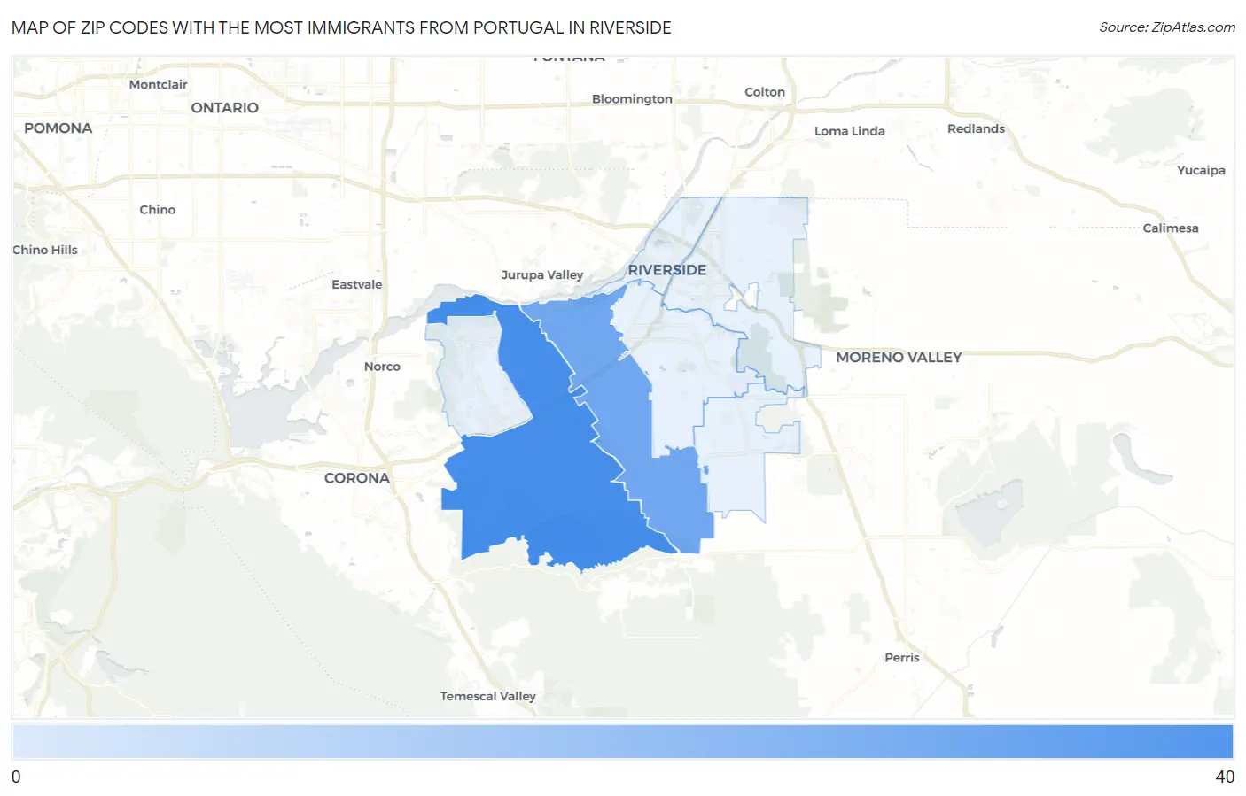 Zip Codes with the Most Immigrants from Portugal in Riverside Map