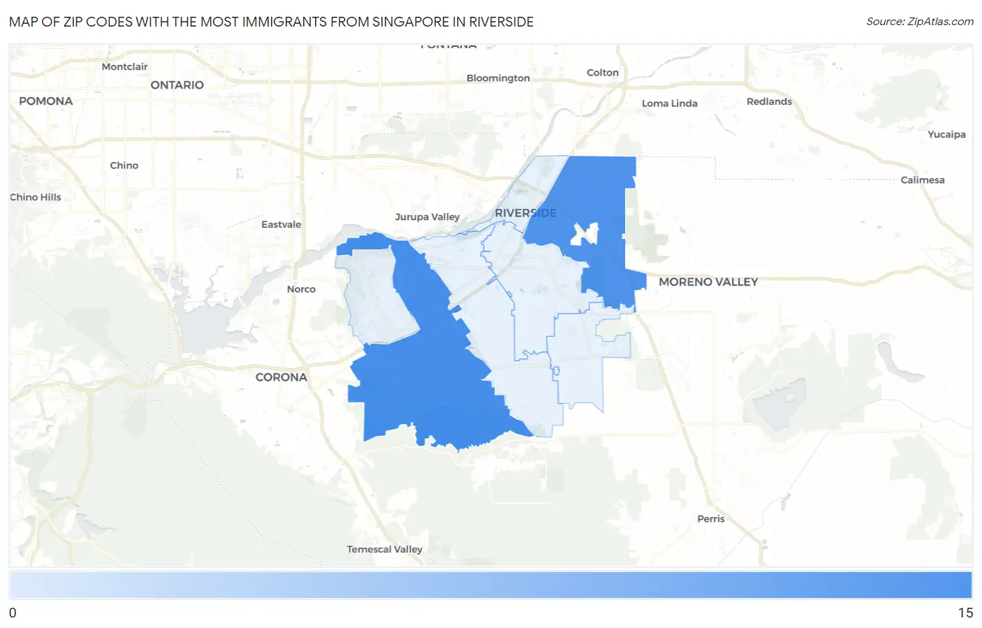 Zip Codes with the Most Immigrants from Singapore in Riverside Map