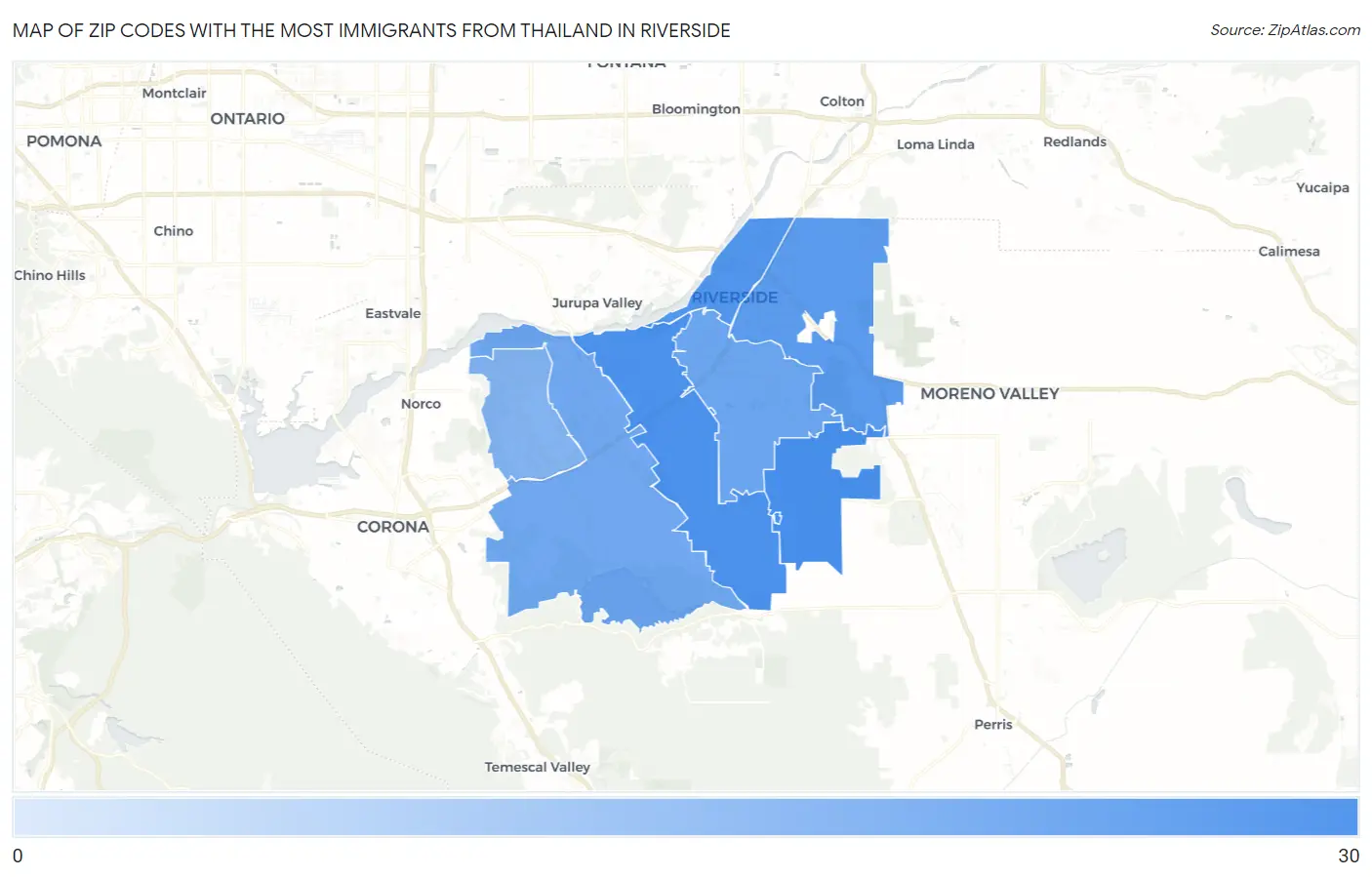 Zip Codes with the Most Immigrants from Thailand in Riverside Map