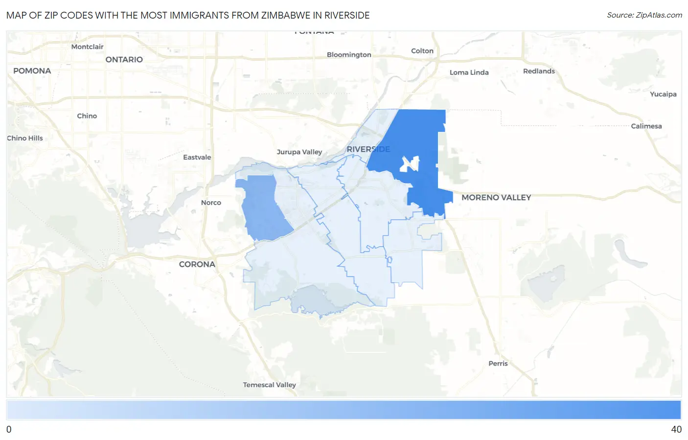 Zip Codes with the Most Immigrants from Zimbabwe in Riverside Map