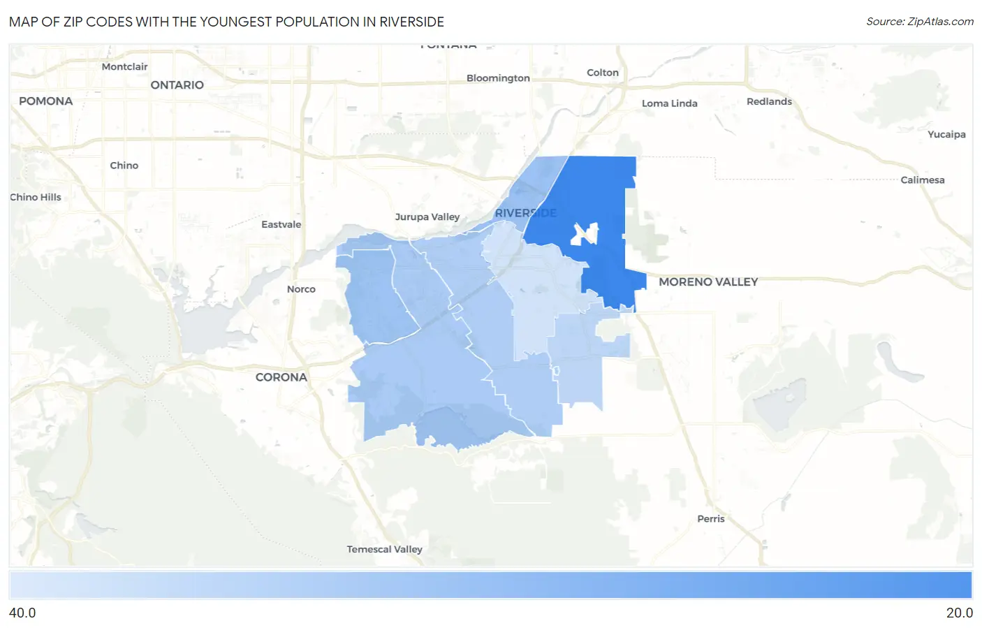 Zip Codes with the Youngest Population in Riverside Map