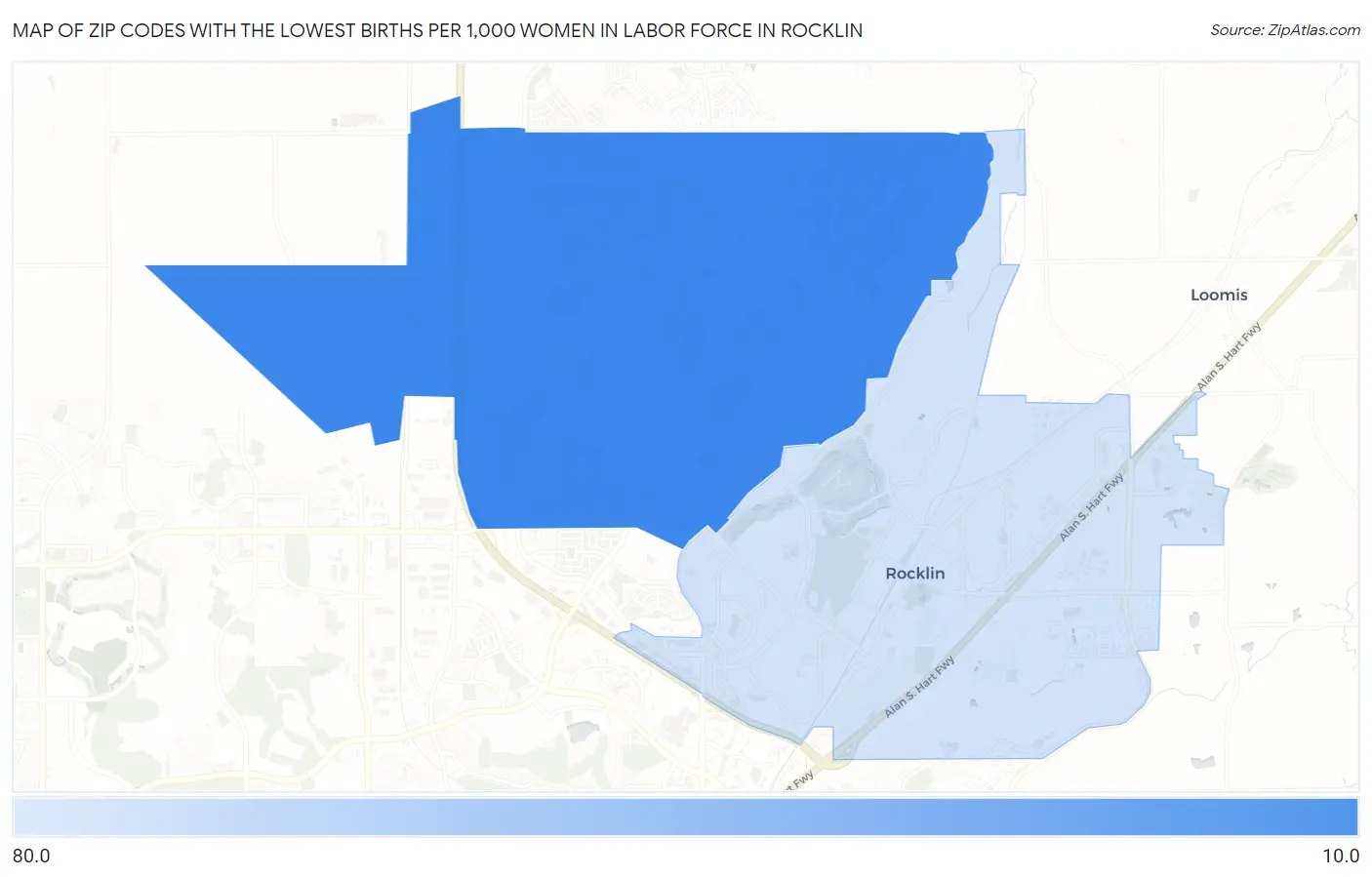 Zip Codes with the Lowest Births per 1,000 Women in Labor Force in Rocklin Map