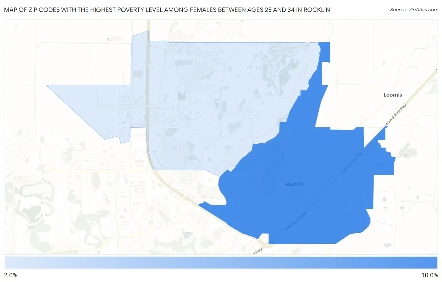 Zip Codes with the Highest Poverty Level Among Females Between Ages 25 and 34 in Rocklin Map