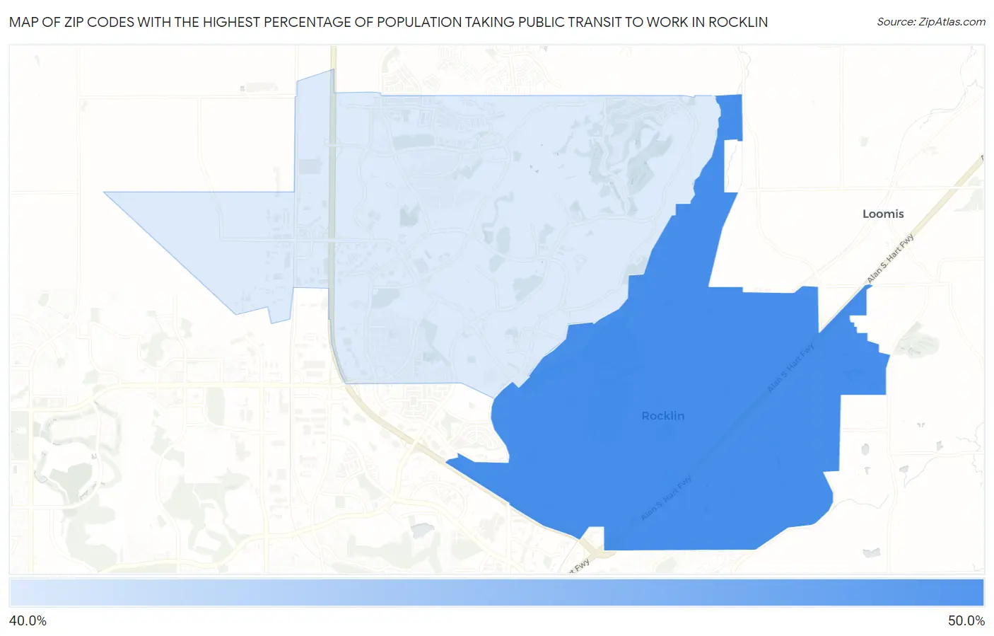 Zip Codes with the Highest Percentage of Population Taking Public Transit to Work in Rocklin Map