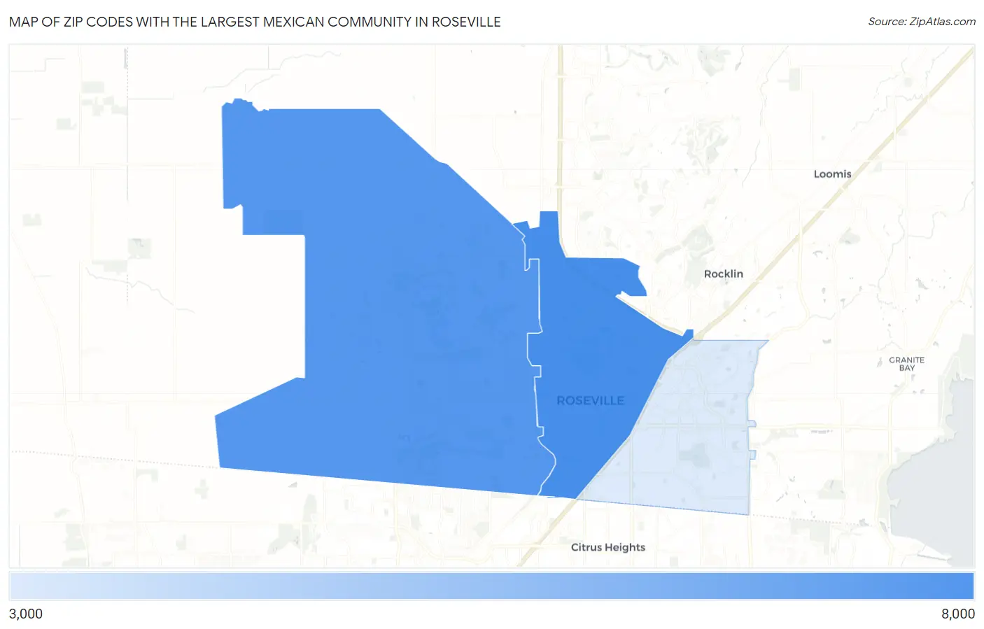 Zip Codes with the Largest Mexican Community in Roseville Map
