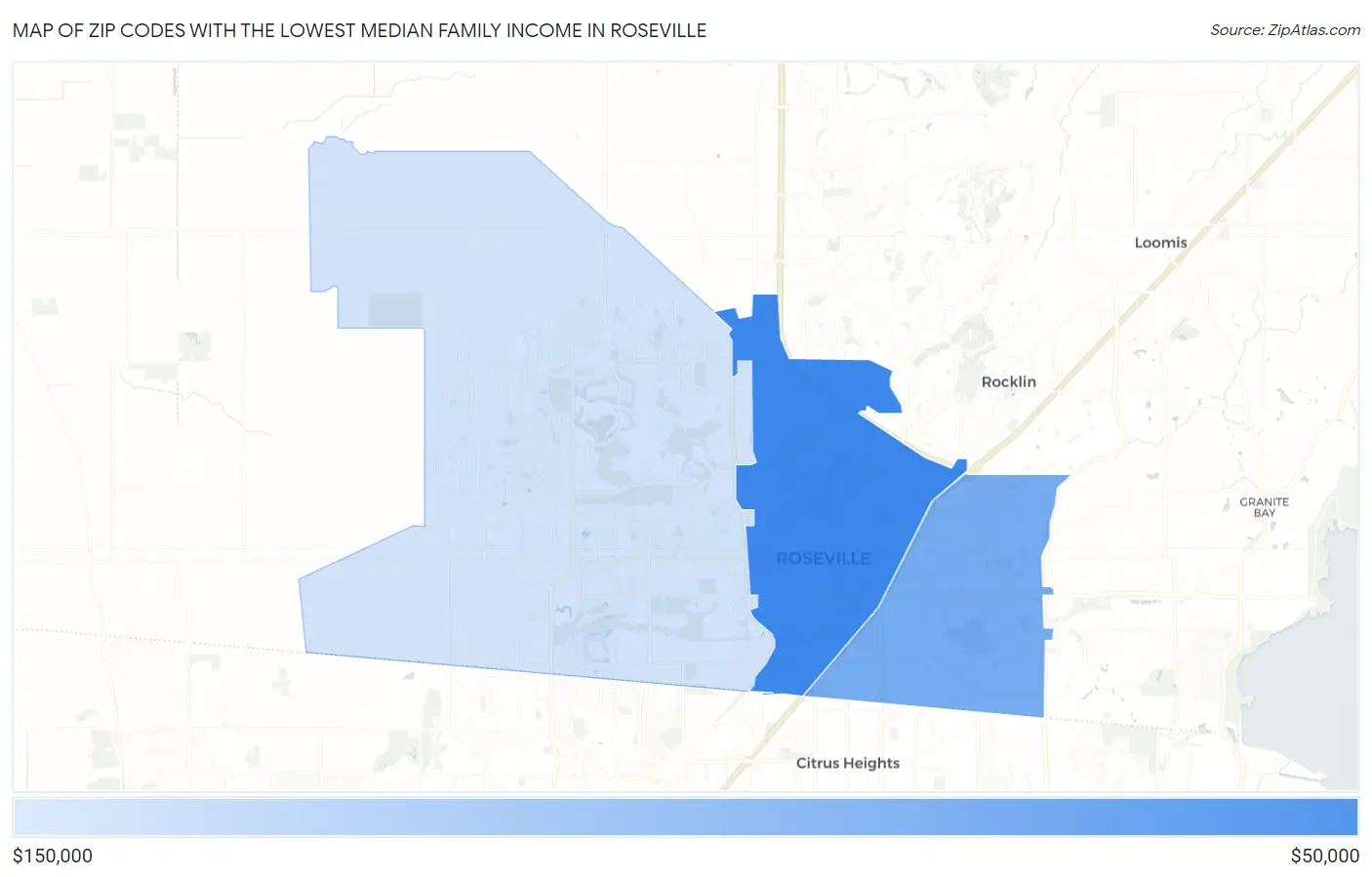Zip Codes with the Lowest Median Family Income in Roseville Map