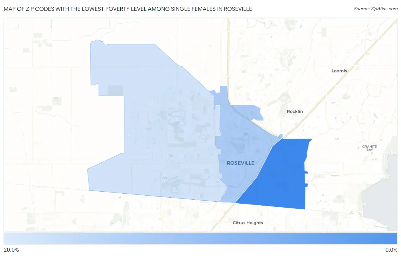 Zip Codes with the Lowest Poverty Level Among Single Females in Roseville Map