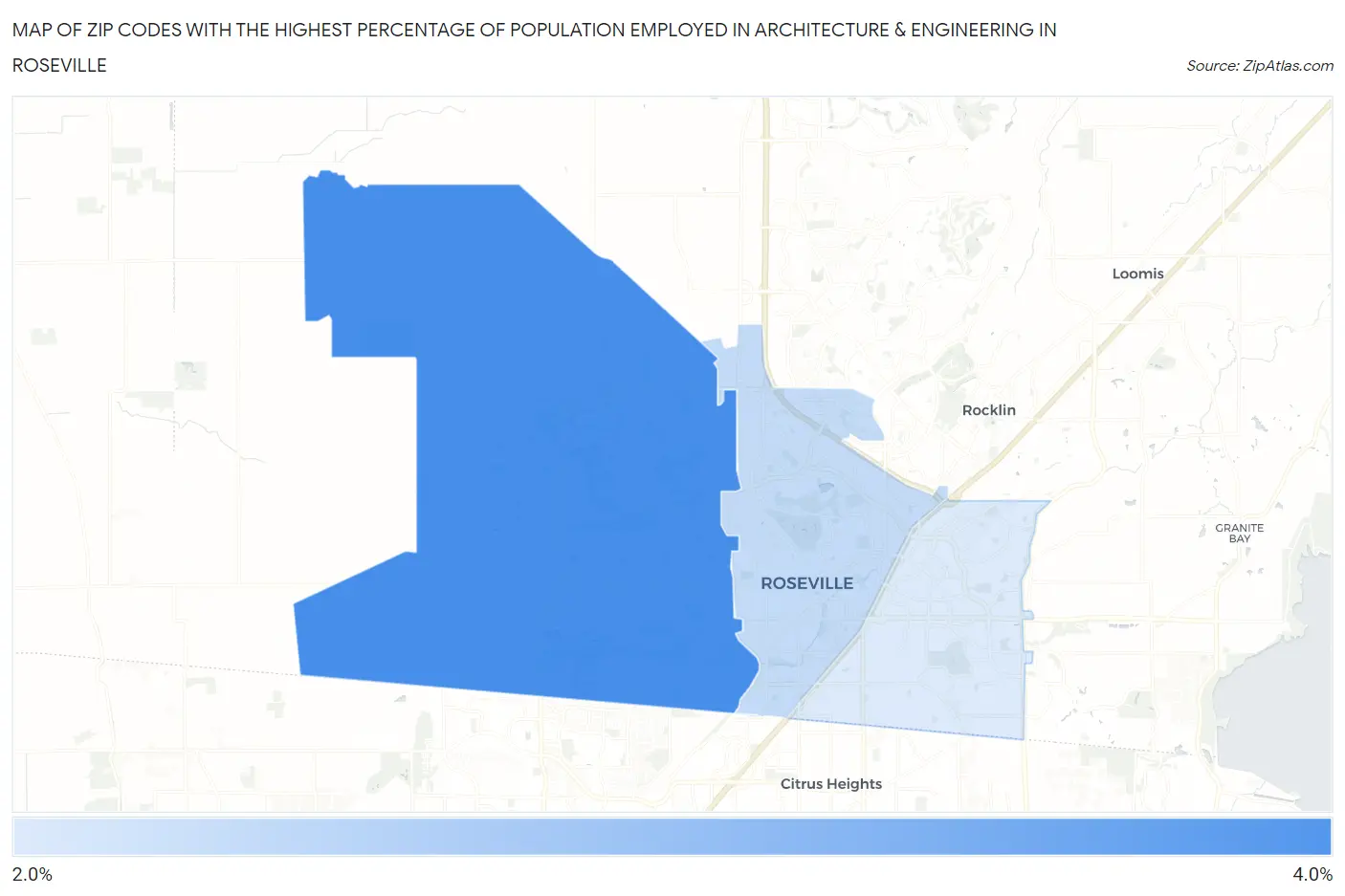 Zip Codes with the Highest Percentage of Population Employed in Architecture & Engineering in Roseville Map