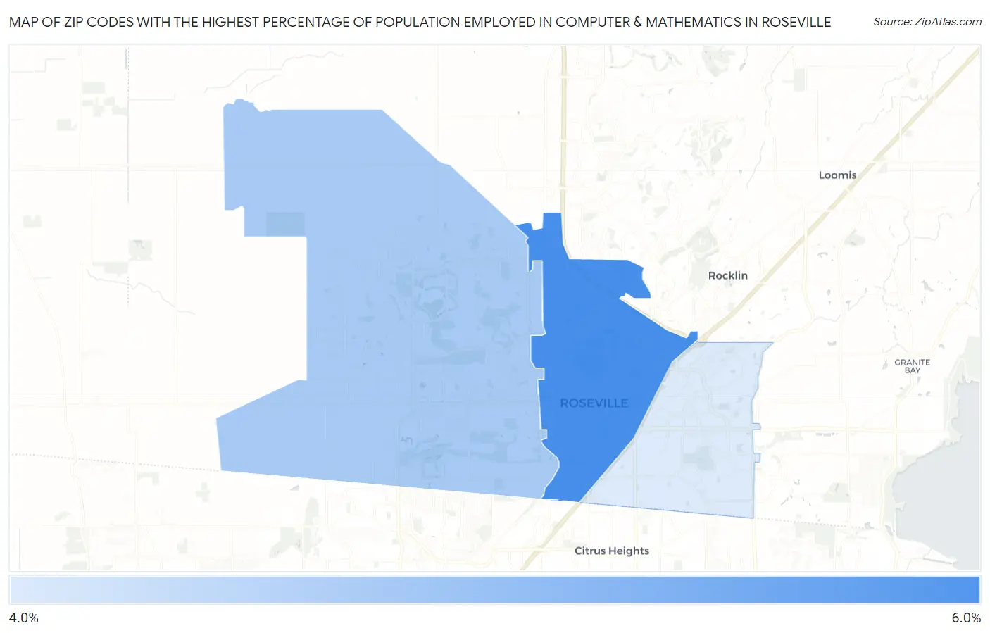 Zip Codes with the Highest Percentage of Population Employed in Computer & Mathematics in Roseville Map