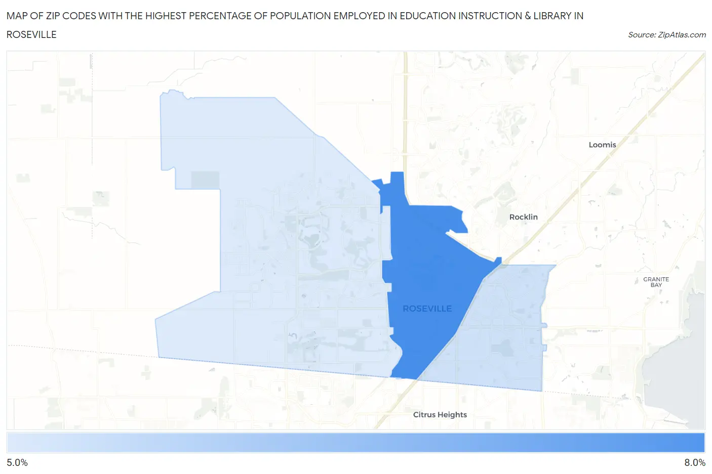 Zip Codes with the Highest Percentage of Population Employed in Education Instruction & Library in Roseville Map