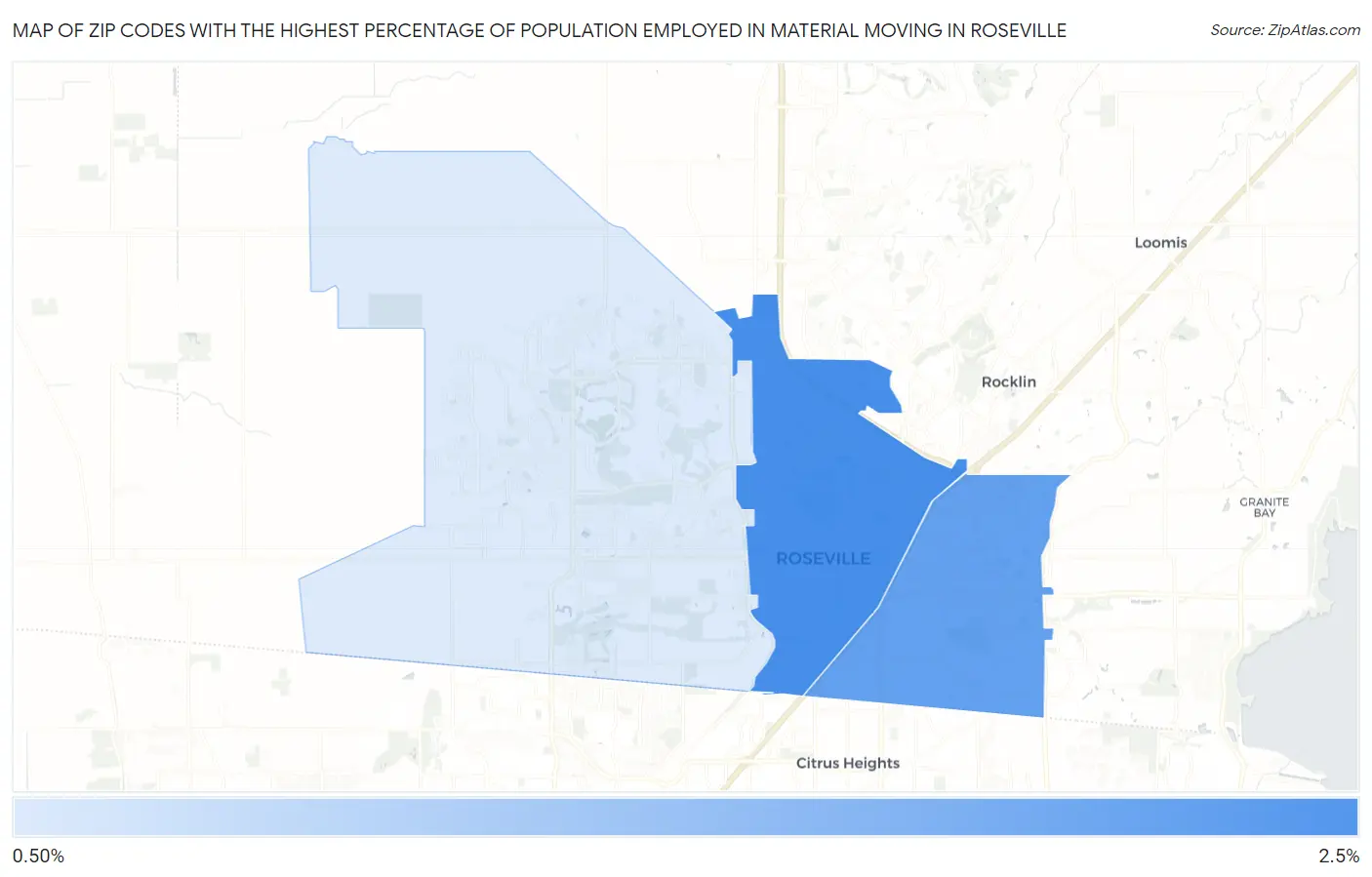 Zip Codes with the Highest Percentage of Population Employed in Material Moving in Roseville Map