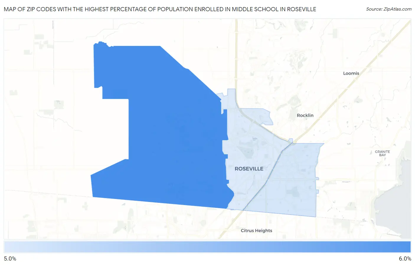Zip Codes with the Highest Percentage of Population Enrolled in Middle School in Roseville Map