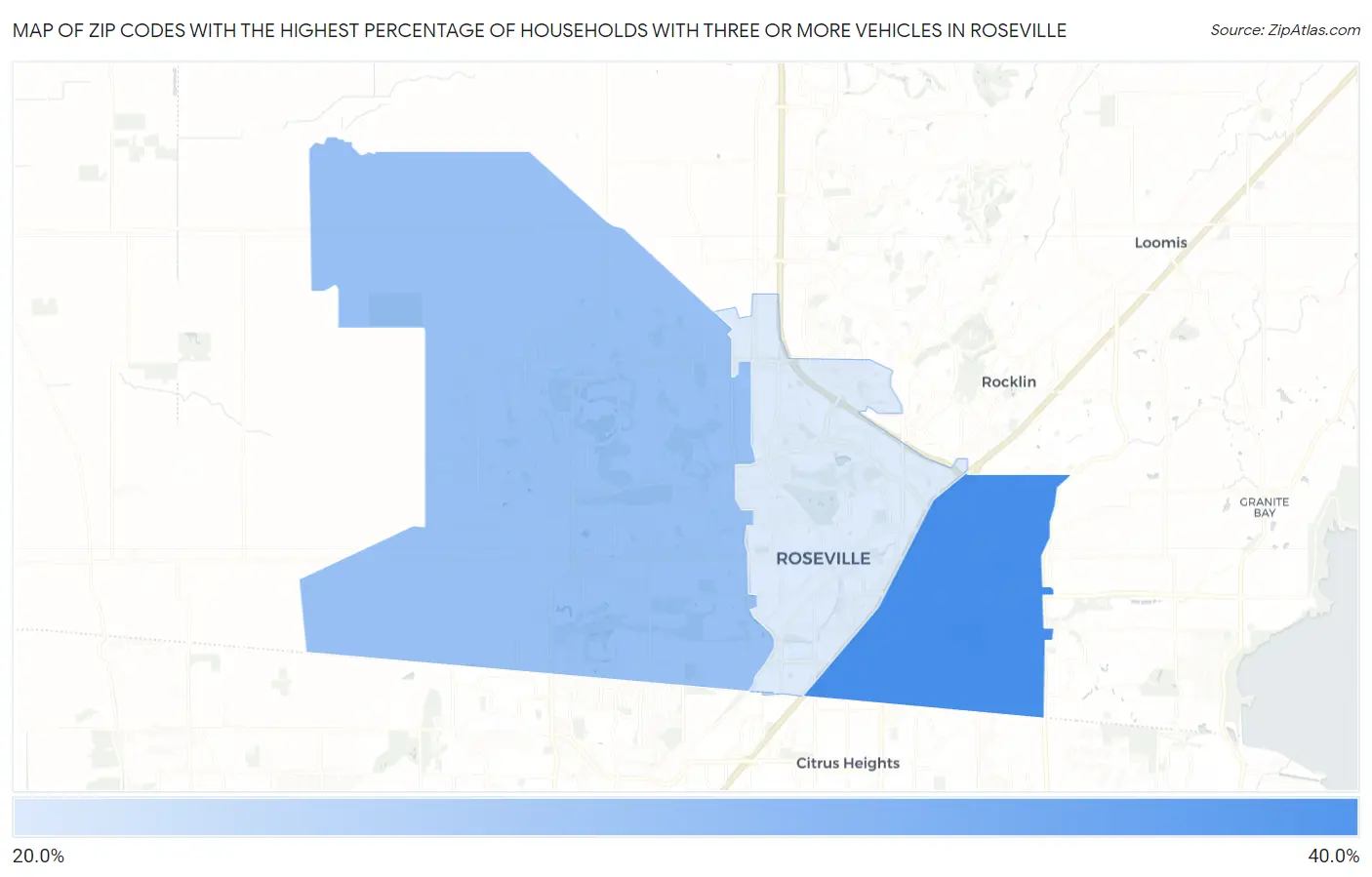Zip Codes with the Highest Percentage of Households With Three or more Vehicles in Roseville Map