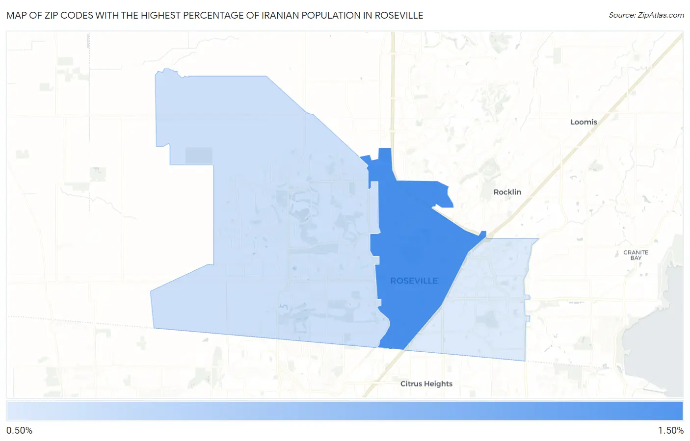 Zip Codes with the Highest Percentage of Iranian Population in Roseville Map