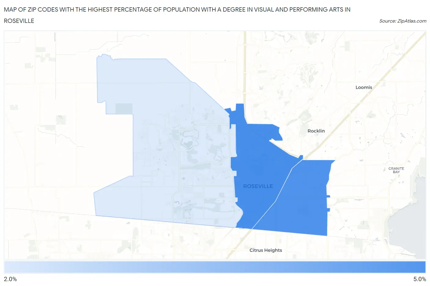 Zip Codes with the Highest Percentage of Population with a Degree in Visual and Performing Arts in Roseville Map