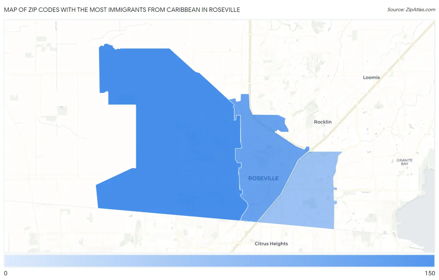 Zip Codes with the Most Immigrants from Caribbean in Roseville Map
