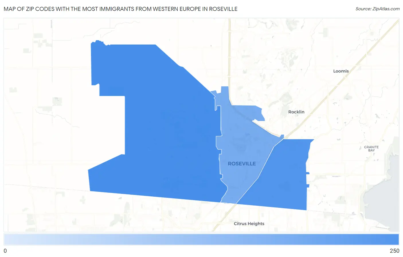 Zip Codes with the Most Immigrants from Western Europe in Roseville Map