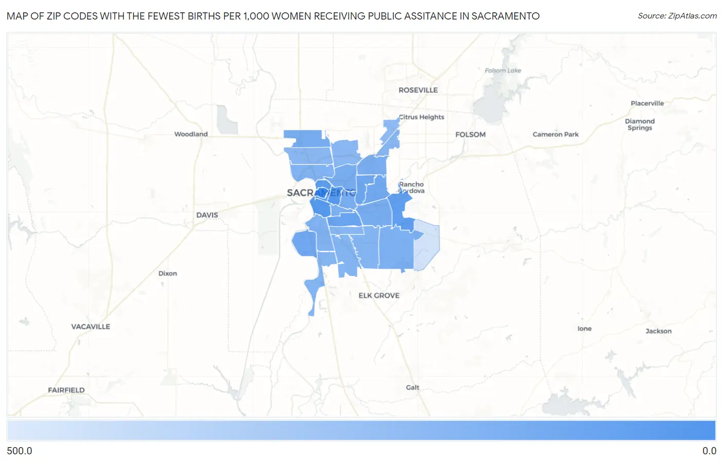Zip Codes with the Fewest Births per 1,000 Women Receiving Public Assitance in Sacramento Map