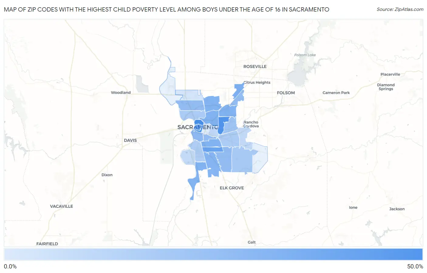 Zip Codes with the Highest Child Poverty Level Among Boys Under the Age of 16 in Sacramento Map