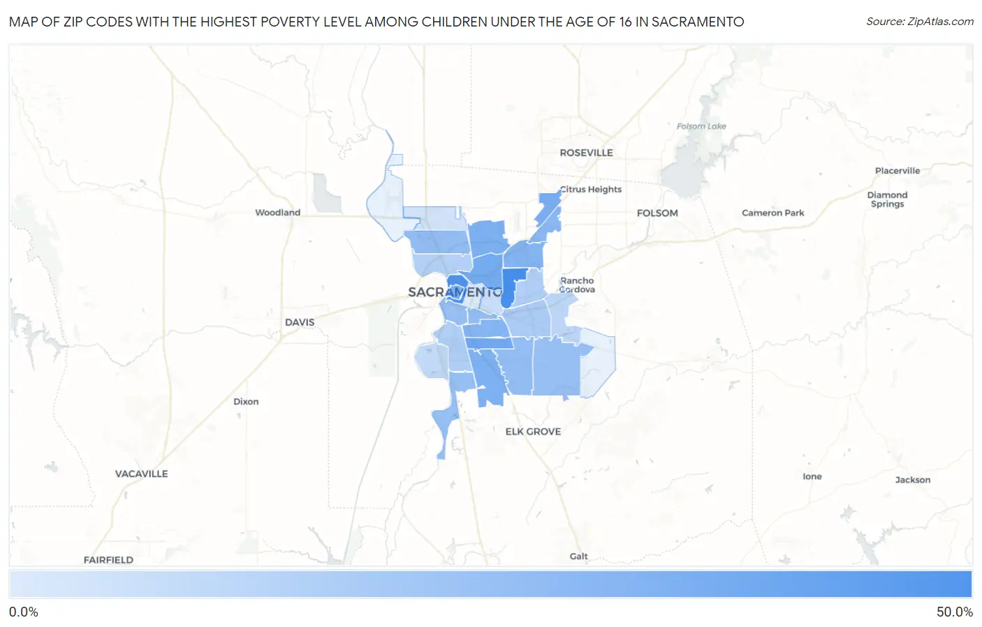 Zip Codes with the Highest Poverty Level Among Children Under the Age of 16 in Sacramento Map