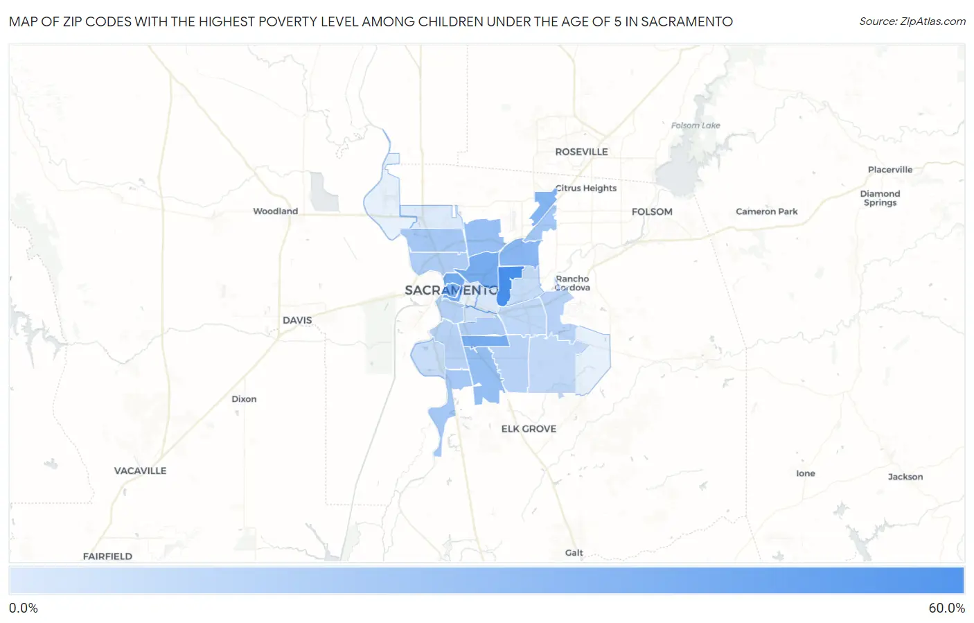 Zip Codes with the Highest Poverty Level Among Children Under the Age of 5 in Sacramento Map