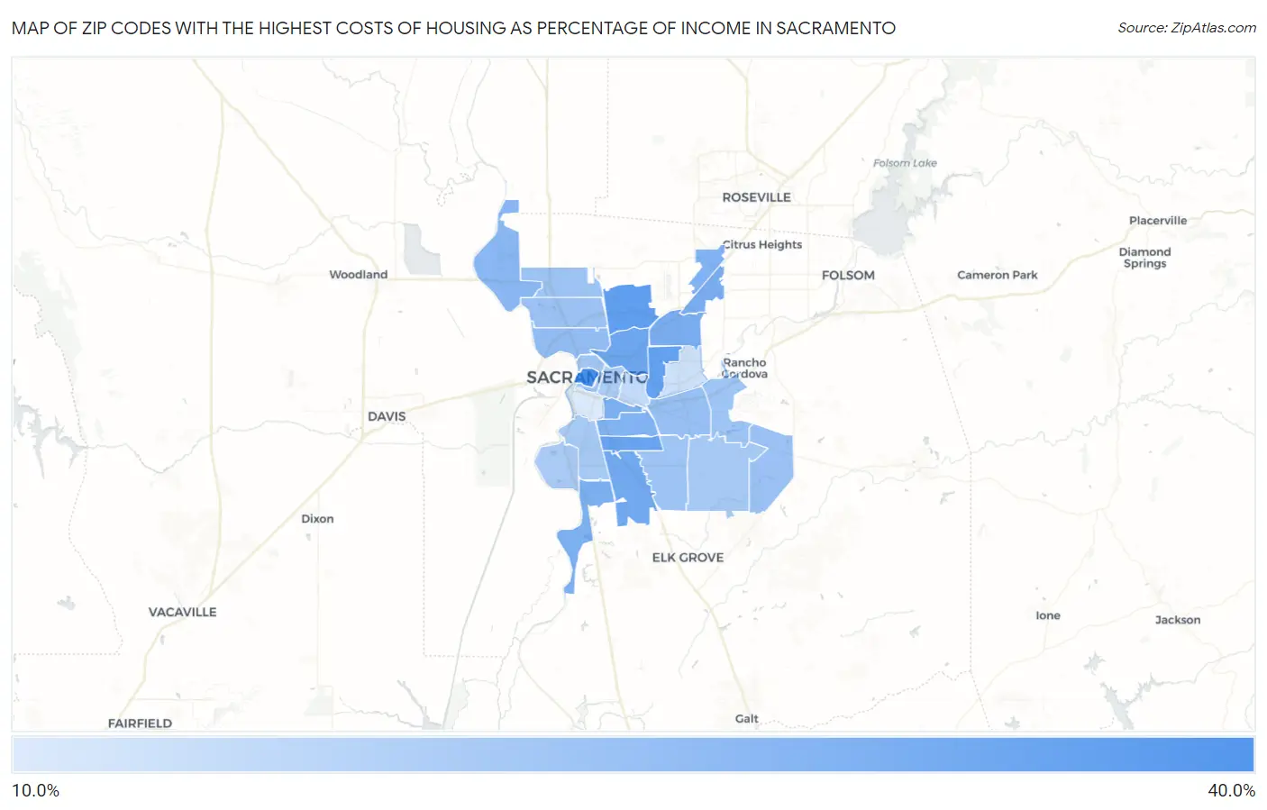 Zip Codes with the Highest Costs of Housing as Percentage of Income in Sacramento Map