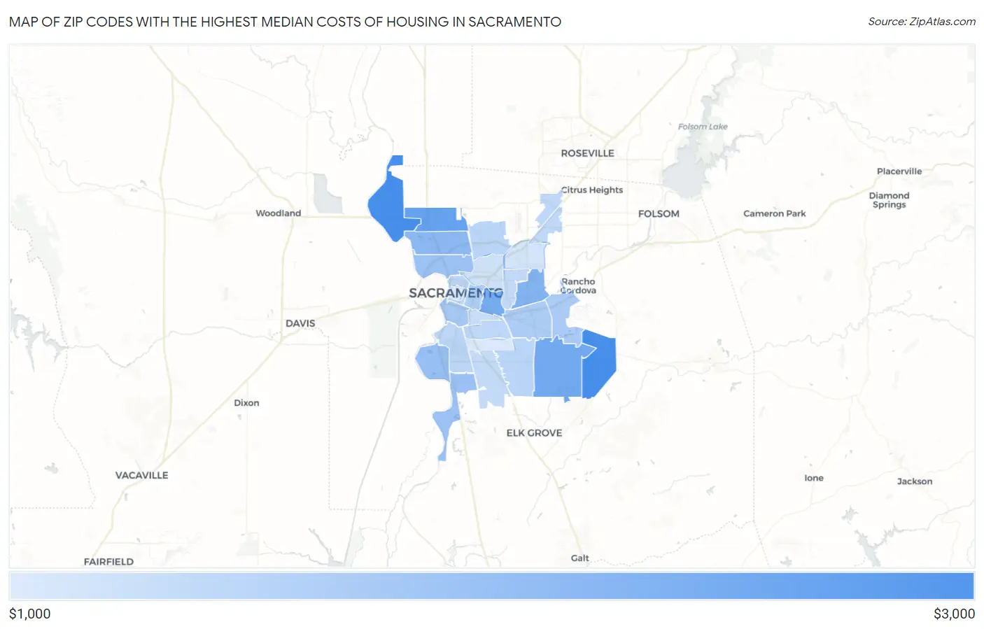 Zip Codes with the Highest Median Costs of Housing in Sacramento Map