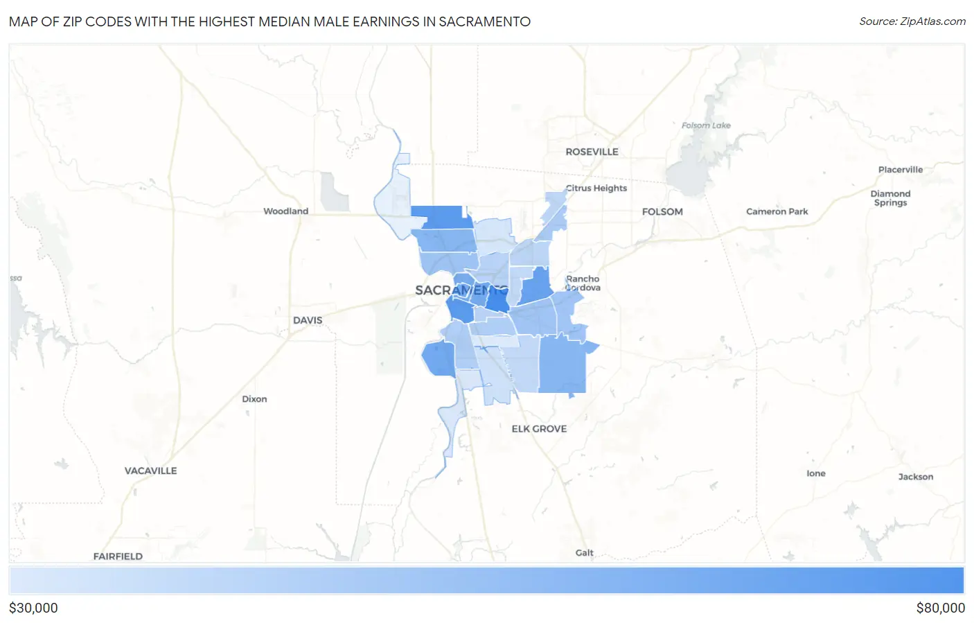 Zip Codes with the Highest Median Male Earnings in Sacramento Map