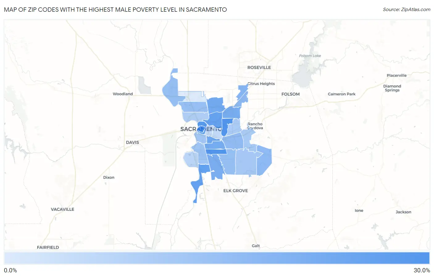 Zip Codes with the Highest Male Poverty Level in Sacramento Map