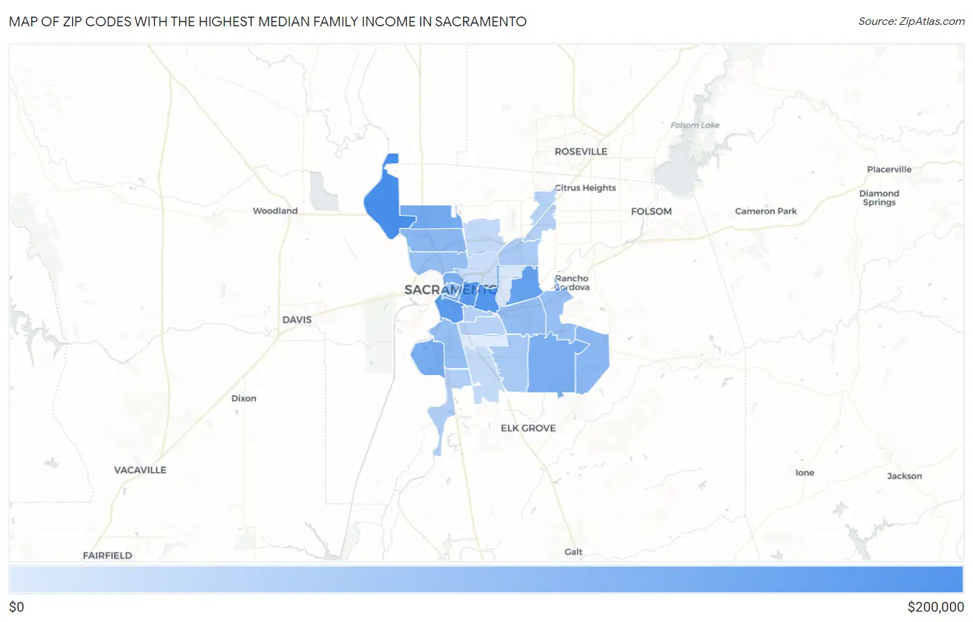 Zip Codes with the Highest Median Family Income in Sacramento Map