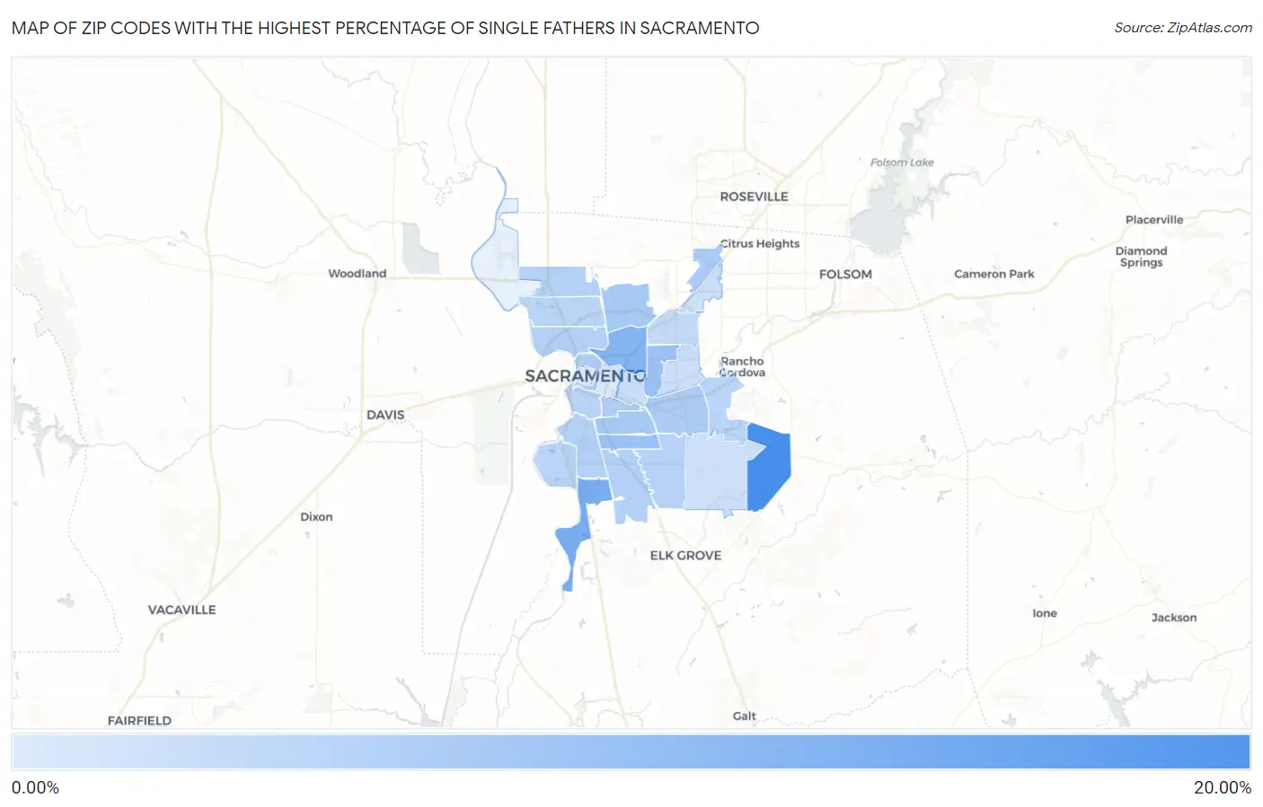 Zip Codes with the Highest Percentage of Single Fathers in Sacramento Map
