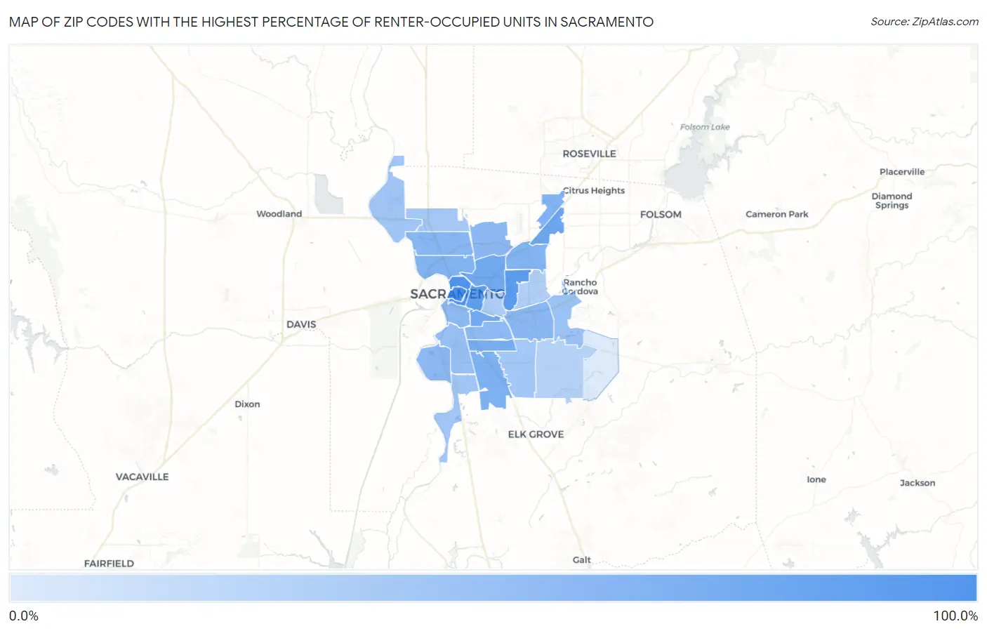 Zip Codes with the Highest Percentage of Renter-Occupied Units in Sacramento Map