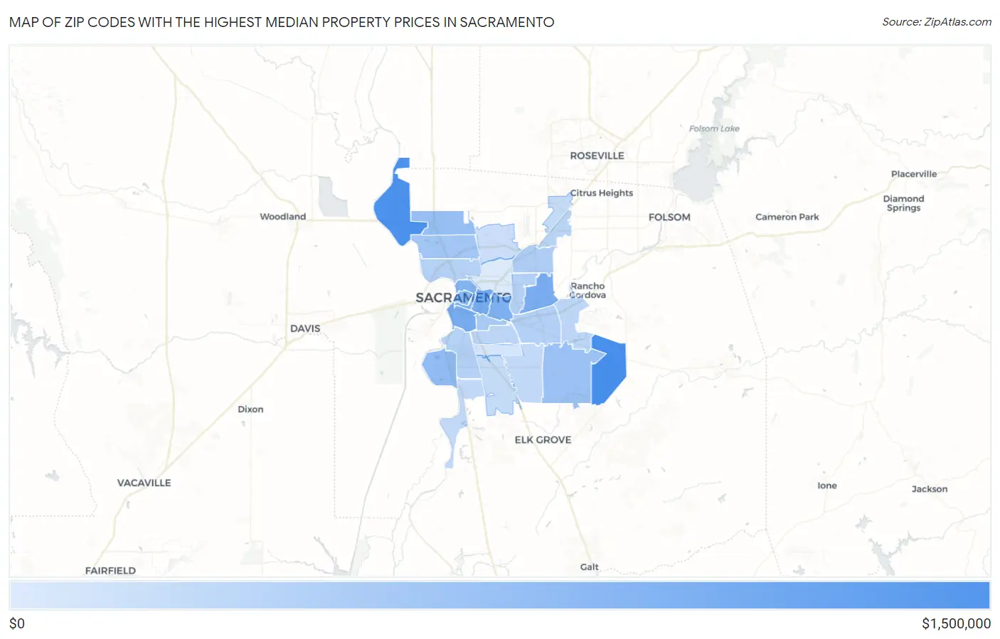 Zip Codes with the Highest Median Property Prices in Sacramento Map