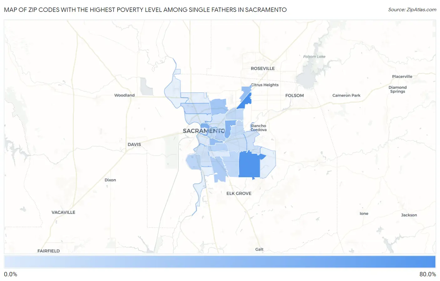 Zip Codes with the Highest Poverty Level Among Single Fathers in Sacramento Map