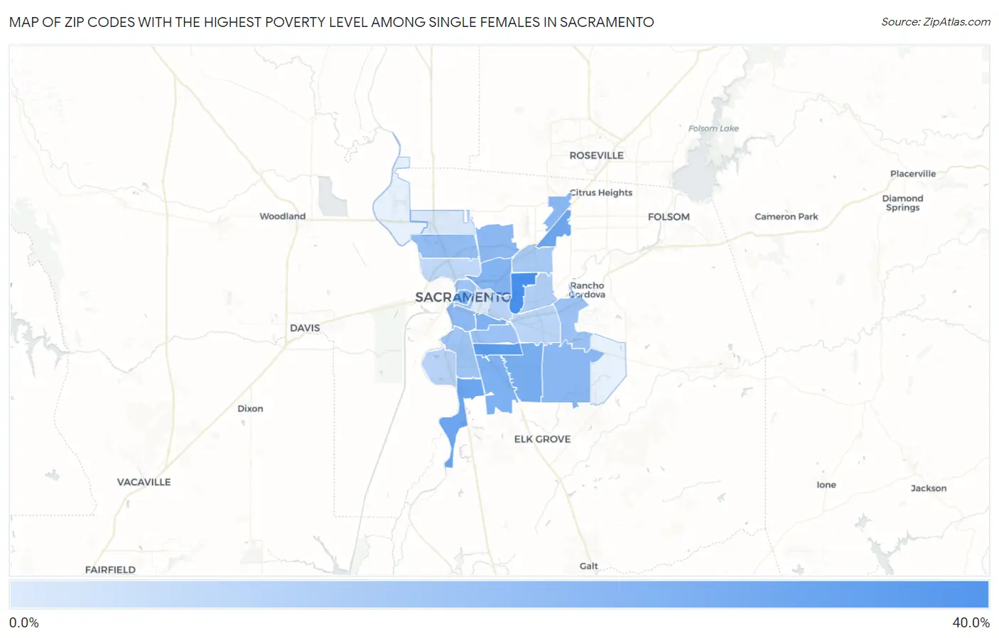 Zip Codes with the Highest Poverty Level Among Single Females in Sacramento Map