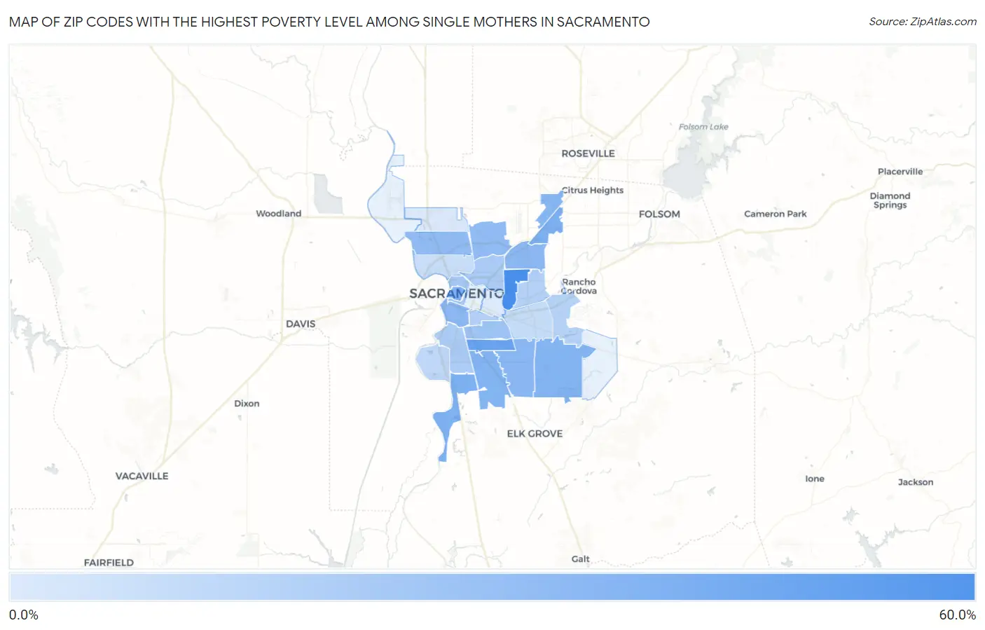 Zip Codes with the Highest Poverty Level Among Single Mothers in Sacramento Map