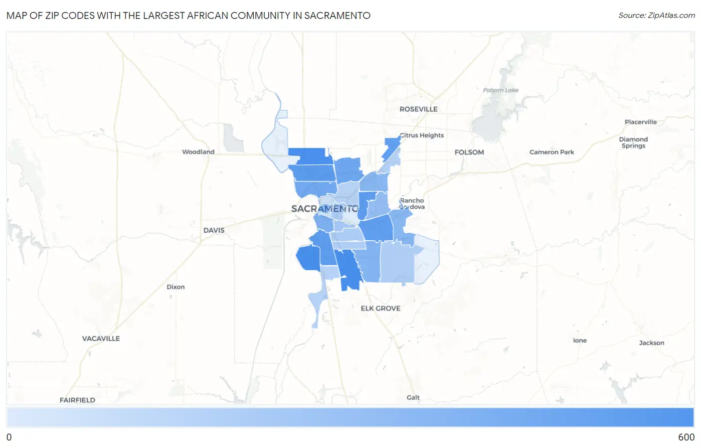 Zip Codes with the Largest African Community in Sacramento Map