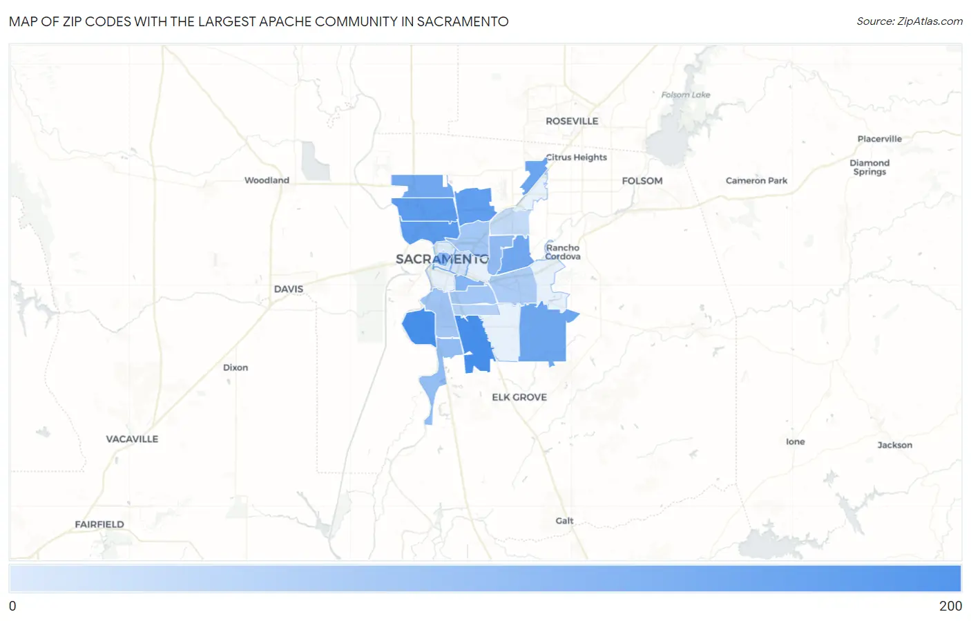 Zip Codes with the Largest Apache Community in Sacramento Map