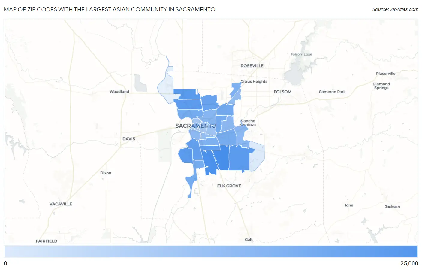 Zip Codes with the Largest Asian Community in Sacramento Map