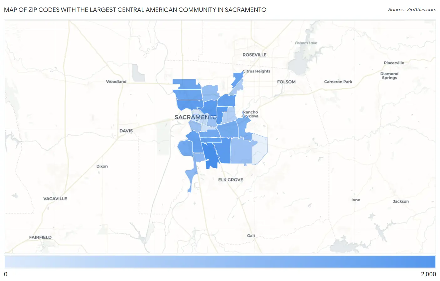Zip Codes with the Largest Central American Community in Sacramento Map