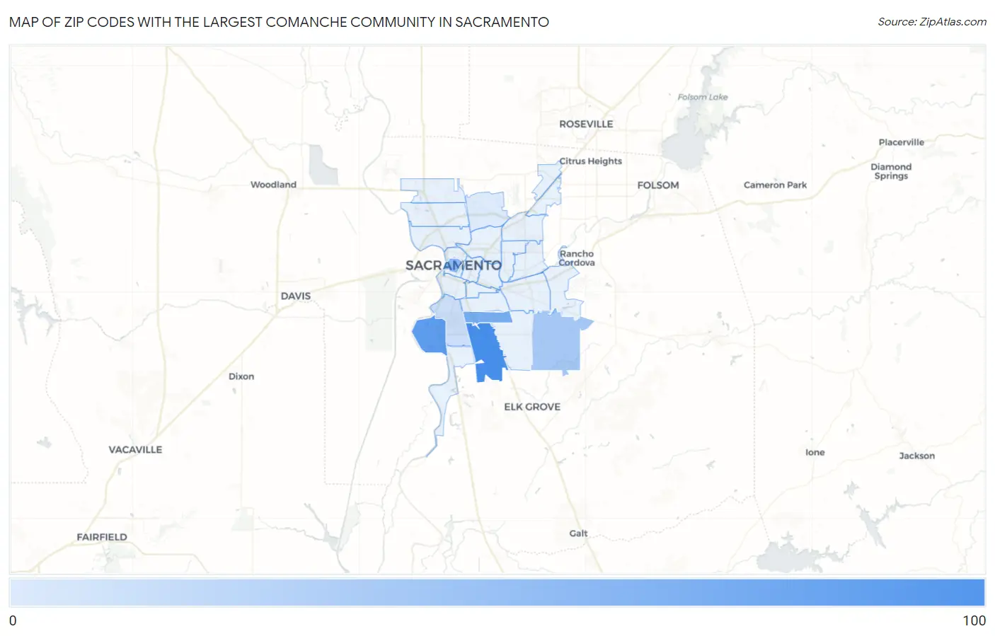Zip Codes with the Largest Comanche Community in Sacramento Map